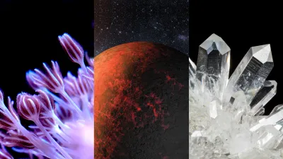 Coral a lava exoplanet and quartz crystals represent the breadth of Carnegie Science research