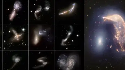 Galaxies interacting and merging to form a single galaxy