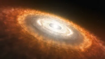This is an artist’s impression of a young star surrounded by a protoplanetary disk in which planets are forming.   An international team of astronomers have used NASA’s James Webb Space Telescope to provide the first observation of water and other molecules in the highly irradiated inner, terrestrial-planet forming regions of a disk in one of the most extreme environments in our galaxy. These results suggest that the conditions for rocky-planet formation, typically found in the disks of low-mass star-formin