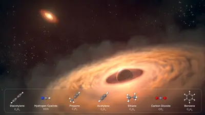 An artistic rendering of a dust and gas disk encircling the young exoplanet, CT Cha b, 625 light-years from Earth. Full image, annotation, and caption shown below. Credits: Illustration: NASA, ESA, CSA, STScI, Gabriele Cugno (University of Zürich, NCCR PlanetS), Sierra Grant (Carnegie Institution for Science), Joseph Olmsted (STScI), Leah Hustak (STScI)