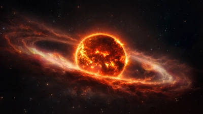 Artist's renditions of the space weather around M dwarf TIC 141146667.  The torus of ionized gas is sculpted by the star's magnetic field and rotation, with two pinched, dense clumps present on opposing sides of the star. Illustrations by Navid Marvi, courtesy Carnegie Science. 