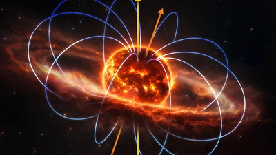 Artist's renditions of the space weather around M dwarf TIC 141146667 with an overlay showing magnetic field lines.  Illustration by Navid Marvi, courtesy Carnegie Science. 