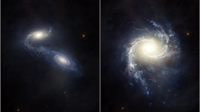 An artist’s impression shows the giant spiral galaxy NGC 1365 as it collides and merges with a smaller companion galaxy, stirring up star formation and redistributing gas and heavy elements.
