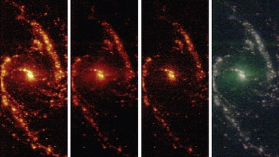 Four views of the spiral galaxy NGC 1365, as extracted from the TYPHOON survey, showing somoe of the richness of the information available in the data cubes.