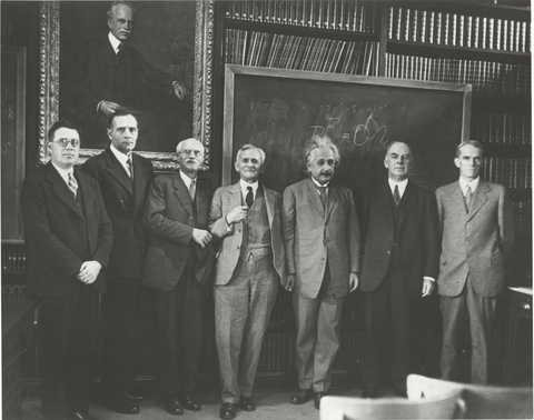 Edwin Powell Hubble, Albert Einstein and five others gathered at the Hale Library, Pasadena.