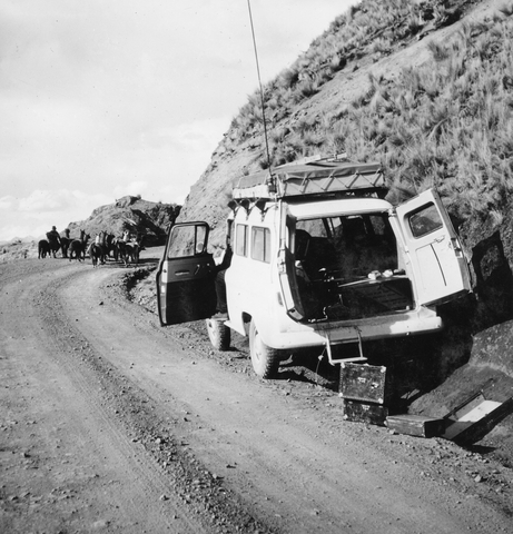 A truck with seismic equipment deployed for explosion studies in Peru.