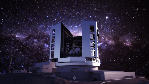 Rendering of the Giant Magellan Telescope (GMT) at night showing the design of the telescope, enclosure and summit.