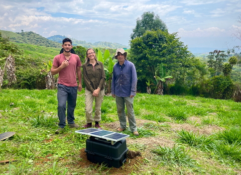 Miguel Alzate, Lara Wagner, and Gaspar Monsalve install MUSICA stations during fieldwork in Colombia