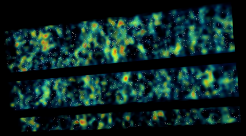 A map of intergalactic hydrogen where yellow-to-red represents high density regions and blue-to-black indicates areas of low density. Credit: Andrew Newman.