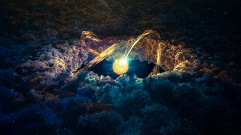 Star surrounded by a protoplanetary disk and clouds, science fiction background. Elements of this image furnished by NASA.