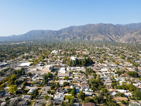 Pasadena aerial view with San Gabriel mountains rising in the background