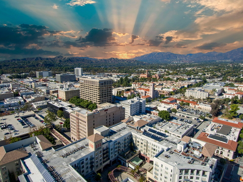 Downtown Pasadena with sun shining through the clouds