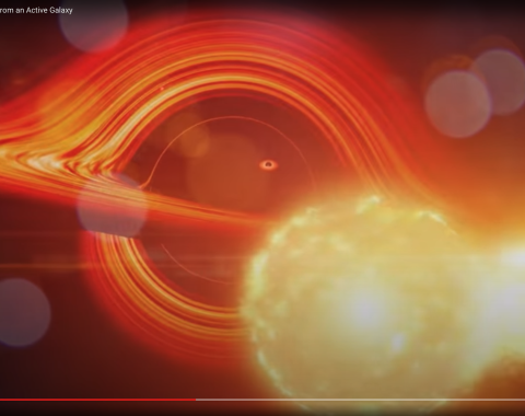 Rednering of a black hole's magnetic fields in orange and a passing planet rendered as a yellow ball of energy