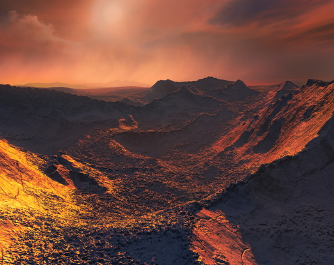 Artists rendering of an exoplanet's surface with craggy mountains, and dusty sky in red and gold tones