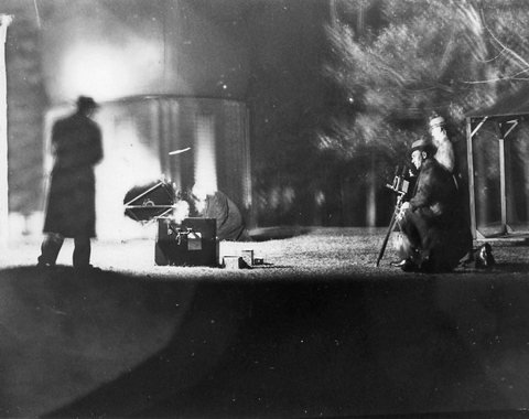 Night photographs of the transmitter used in searchlight experiment. December 18, 1939