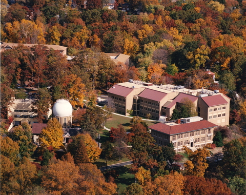 An overhead shot of the Broad Branch Road campus in autumn. 