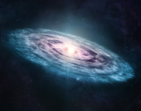 Artist’s illustration of a planetary disk, a region of dust and gas where planets form. The zoom-in insert displays carbon monoxide molecules in the ice phase. Credit Required: M.Weiss/Center for Astrophysics | Harvard & Smithsonian