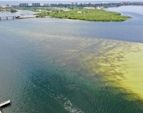 Aerial view of red tide algal bloom along Florida’s gulf coast