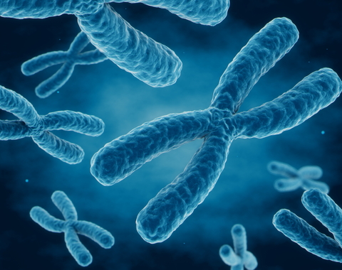 Blue chromosomes floating on a dark background. 
