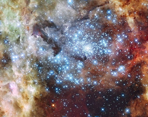 Hubble Space Telescope image of two star clusters in the 30 Doradus Nebula.