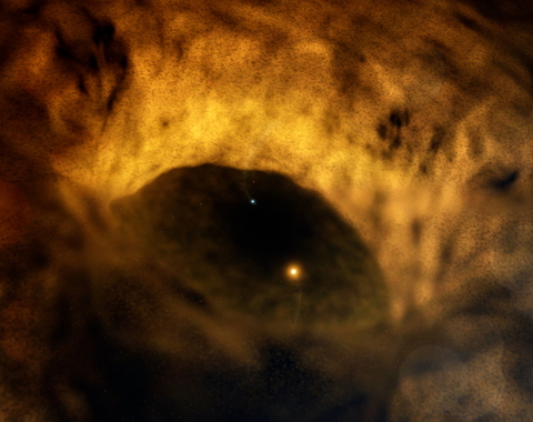 Two stars orbit each other within an enormous dusty disk in the U Monocerotis system, illustrated here. When the stars are farthest from each other, they funnel material from the disk’s inner edge. At this time, the primary star is slightly obscured by the disk from our perspective. The primary star, a yellow supergiant, expands and contracts. The smaller secondary star is thought to maintain its own disk of material, which likely powers an outflow of gas that emits X-rays.