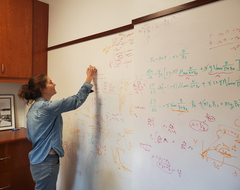 Emily Zakem writes on the whiteboard wall of a Carnegie Science office at Caltech.