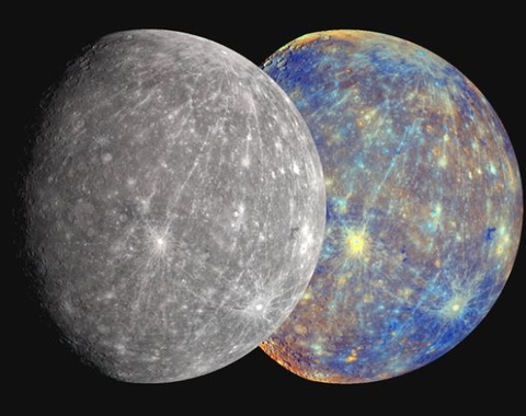 A gray-true color Mercury next to a colorized Mercury that combines visible and near infrared light to highlight the differences in surface composition. 