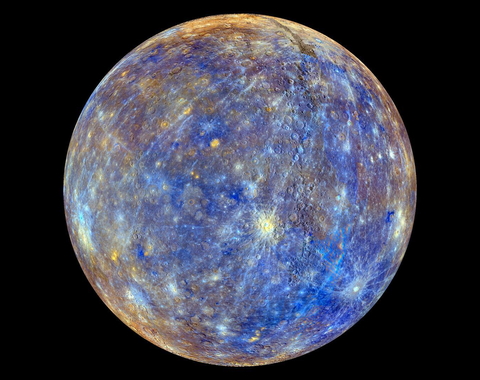 The planet Mercury on a black background. This colorful view of Mercury was produced by using images from the color base map imaging campaign during MESSENGER's primary mission.  NASA/Johns Hopkins University Applied Physics Laboratory/Carnegie Science