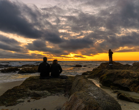 People sit on the shore at sunset. 