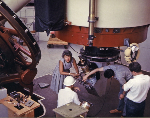 Vera Rubin at Lowell Observatory, 69-inch [i.e., 72-inch] Telescope (Kent Ford in white helmet)