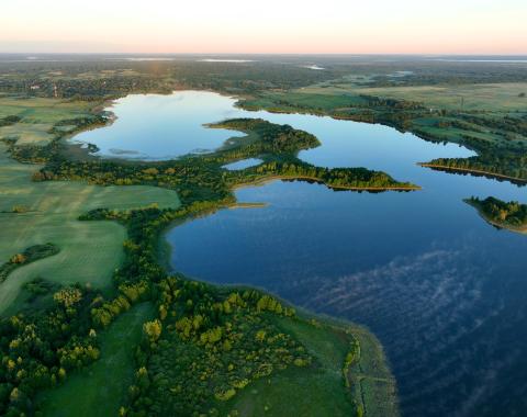 A lake stretches through a green area