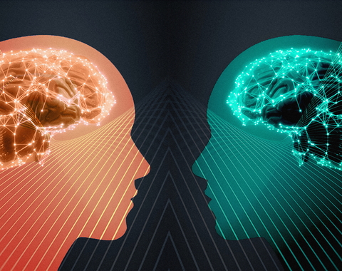 Two people look at each other