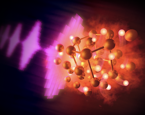 An artist's conception of gold hydride synthesiss courtesy of Greg Stewart/ SLAC National Accelerator Laboratory