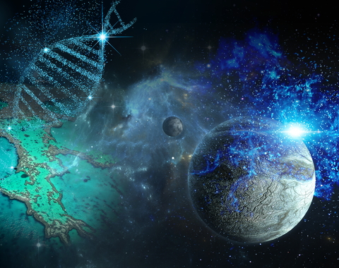 An illustration of a planet, lake, and DNA