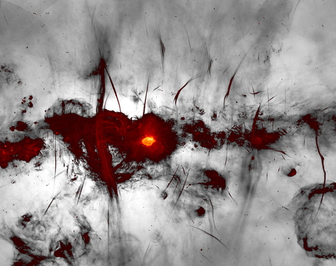 MeerKAT image of the Galactic centre region is shown with the Galactic plane running horizontally across the image. Credit: I. Heywood, SARAO.