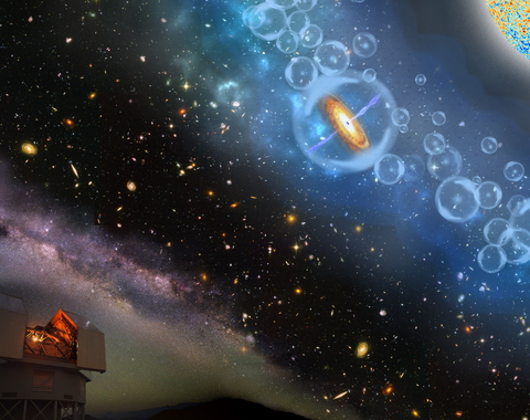 This image is an artist’s concept of a supermassive black hole, which is part of a quasar from just 690 million years after the Big Bang. The quasar (orange disk) is surrounded by neutral hydrogen, indicating that it is from the period called the epoch of reionization, when the universe’s first light sources turned on. The object was detected by Carnegie’s Magellan telescope at the Las Campanas Observatory, shown in the bottom left corner. Courtesy Robin Dienel/Carnegie Science