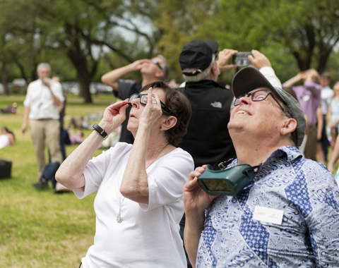 Carnegie Champions Cynthia Kurtz and Jim McDermott observe the 2024 Great North American Eclipse in Dallas, TX