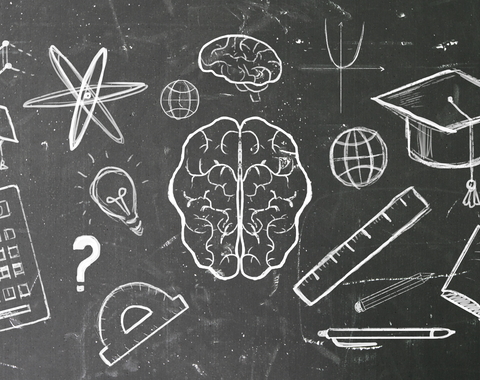 Blackboard with drawings of an atom, a brain, a calculator, a graduation cap, and other scholastic items