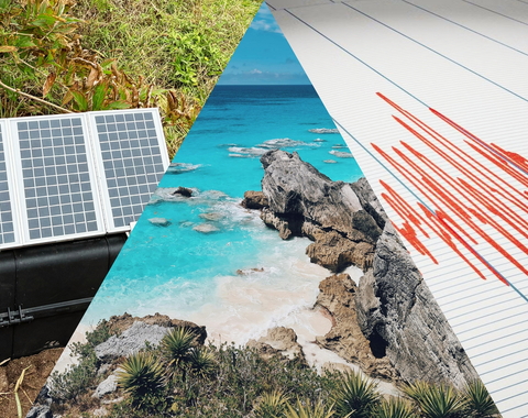 A tryptich of images related to seismology studies in Bermuda including a Quick Deploy Box, a beach in Bermuda, and seismic readings