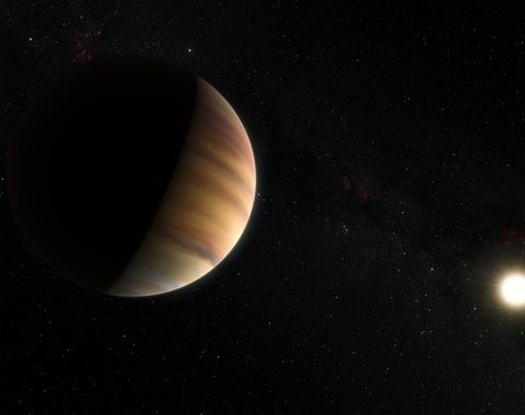 This artist’s view shows the hot Jupiter exoplanet 51 Pegasi b, sometimes referred to as Bellerophon, which orbits a star about 50 light-years from Earth in the northern constellation of Pegasus (The Winged Horse). Credit: ESO/M. Kornmesser/Nick Risinger (skysurvey.org)