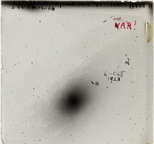 VAR plate taken by Edwin Hubble on the 100–inch telescope at Mount Wilson Observatory.