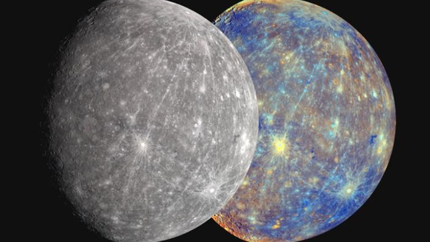 A gray-true color Mercury next to a colorized Mercury that combines visible and near infrared light to highlight the differences in surface composition. 