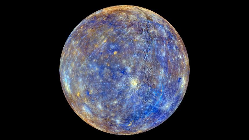 The planet Mercury on a black background. This colorful view of Mercury was produced by using images from the color base map imaging campaign during MESSENGER's primary mission.  NASA/Johns Hopkins University Applied Physics Laboratory/Carnegie Science