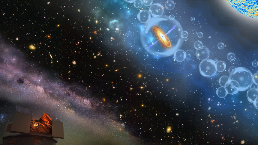 This image is an artist’s concept of a supermassive black hole, which is part of a quasar from just 690 million years after the Big Bang. The quasar (orange disk) is surrounded by neutral hydrogen, indicating that it is from the period called the epoch of reionization, when the universe’s first light sources turned on. The object was detected by Carnegie’s Magellan telescope at the Las Campanas Observatory, shown in the bottom left corner. Courtesy Robin Dienel/Carnegie Science