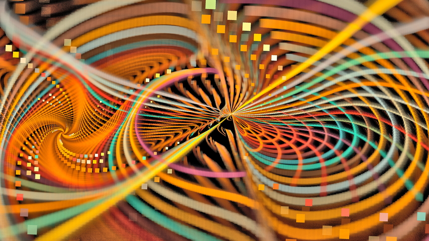 Composition of curves and straight lines. Graphic Design. Magic energy multicolored fractal. 3D rendering.