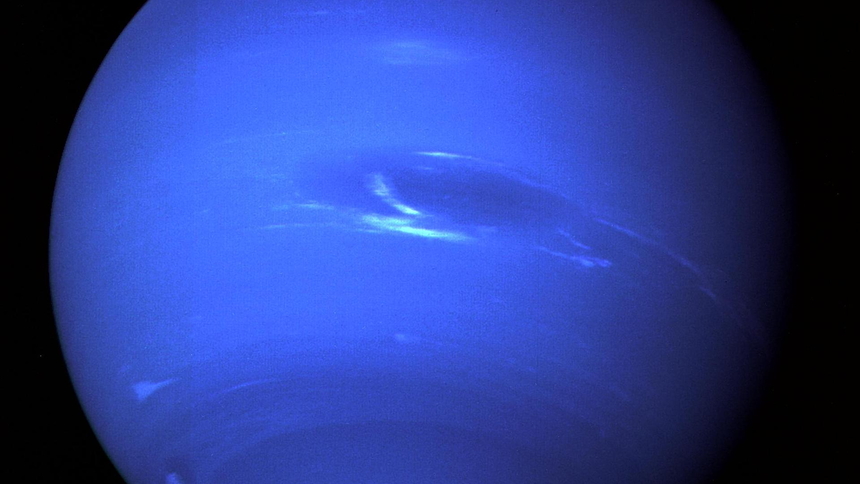 This picture of Neptune was produced from the last whole planet images taken through the green and orange filters on NASA's Voyager 2 narrow angle camera. Credit: JPL