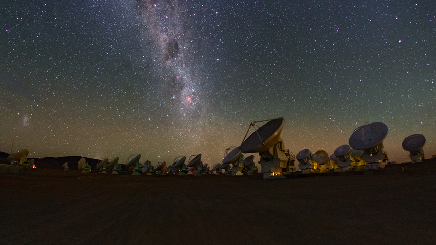 The Milky Way glitters above the ALMA array in this image taken from a time lapse sequence during the ESO Ultra HD Expedition.  Credit: ESO/B. Tafreshi (twanight.org)