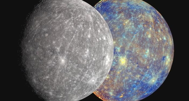 A gray-true color Mercury next to a colorized Mercury that combines visible and near infrared light to highlight the differences in surface composition. 