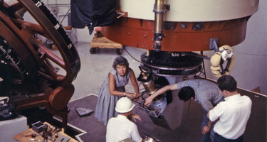Vera Rubin at Lowell Observatory, 69-inch [i.e., 72-inch] Telescope (Kent Ford in white helmet)