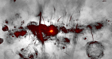 MeerKAT image of the Galactic centre region is shown with the Galactic plane running horizontally across the image. Credit: I. Heywood, SARAO.